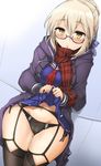  artoria_pendragon_(all) black_legwear black_panties blonde_hair blush cameltoe fate/grand_order fate_(series) garter_belt glasses hair_ribbon looking_at_viewer momio mysterious_heroine_x_(alter) panties red_scarf ribbon scarf school_uniform side-tie_panties skirt skirt_lift solo underwear yellow_eyes 