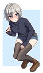  anastasia_(idolmaster) black_legwear blue_eyes cross cross_necklace highres idolmaster idolmaster_cinderella_girls jewelry kezune_(i-_-i) looking_at_viewer necklace ribbed_sweater short_hair silver_hair sleeves_past_wrists solo sweater thighhighs 
