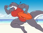  4_fingers athletic baywatch beach big_breasts black_skin bouncing breasts cetacean clothing dorsal_fin english_text feet female fin lana_(arnethorn) lifeguard mammal marine orca running sea seaside serious solo swimsuit text voluptuous water whale whistle white_skin zwitterkitsune 