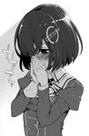  blush greyscale haguro_(kantai_collection) hair_ornament hair_over_one_eye hanauna hands_over_own_mouth jewelry kantai_collection monochrome ring short_hair solo tearing_up wedding_band 