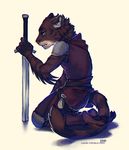  5_fingers anthro armor barefoot brown_fur clothed clothing feline fur green_eyes holding_object holding_weapon lukiri male mammal melee_weapon pink_nose simple_background solo sword weapon white_background 