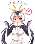  ? black_hair blonde_hair character_name drawstring english kemono_friends kim_bae-eo long_hair looking_at_viewer low_twintails multicolored_hair open_mouth pink_hair red_eyes royal_penguin_(kemono_friends) solo spoken_question_mark turtleneck twintails upper_body white_background white_hair 