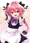  aichi_shiho astolfo_(fate) black_bow blush bow braid fate/apocrypha fate_(series) hair_ribbon long_hair looking_at_viewer maid maid_headdress male_focus open_mouth otoko_no_ko pink_hair plaid plaid_background purple_bow purple_eyes reaching_out ribbon single_braid smile solo 