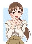  blush breasts brown_eyes brown_hair cleavage earrings hands_together idolmaster idolmaster_cinderella_girls jewelry kezune_(i-_-i) long_hair looking_at_viewer medium_breasts necktie nitta_minami open_mouth ponytail smile solo 