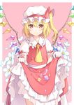  6u_(eternal_land) ascot asymmetrical_hair bangs blonde_hair blush commentary_request cowboy_shot crystal demon_wings flandre_scarlet flower frilled_shirt_collar frilled_sleeves frills gloves hat hat_ribbon long_skirt looking_at_viewer mob_cap one_side_up petals petticoat pink_background puffy_short_sleeves puffy_sleeves red_eyes red_ribbon red_skirt red_vest ribbon shiny shiny_hair short_sleeves simple_background skirt skirt_basket skirt_hold solo standing tareme touhou vest white_gloves white_hat wings 