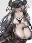  between_breasts black_hair breasts closed_mouth eyelashes forehead_jewel fur_trim grey_background highres horn_ring horns jewelry kumiko_shiba large_breasts long_hair looking_at_viewer pointy_ears red_eyes simple_background sketch smile solo thunderbolt_fantasy upper_body xing_hai 