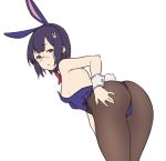  1girl animal_ears ass bare_shoulders bent_over black_legwear blue_hairband breasts bunny_ears bunny_hair_ornament bunny_tail bunnysuit eyebrows_visible_through_hair fake_animal_ears from_behind glasses hair_ornament hairband hairclip hand_on_own_ass houtengeki looking_at_viewer looking_back original pantyhose parted_lips red_eyes short_hair simple_background small_breasts solo tail white_background wrist_cuffs 