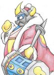  armor asmallone avian bird blue_eyes coat hammer helmet horn king_dedede kirby_(series) male mask masked_dedede nintendo penguin simple_background solo tools traditional_media_(artwork) v_sign video_games white_background 