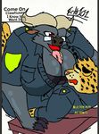  anthro benjamin_clawhauser big_breasts bovine breasts cattle cheetah chief_bogo clothing couple_(disambiguation) crossgender dialogue disney doughnut echi101 feline female food larger_female male male/female mammal police_uniform size_difference uniform zootopia 