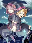  bad_id bad_pixiv_id belt blue_eyes boots cityscape cloud cloudy_sky cuffs day dress freckles glasses grin hair_over_one_eye hairband handcuffs hat little_witch_academia long_hair looking_at_viewer lotte_jansson multiple_girls open_mouth orange_hair pale_skin red_eyes sharp_teeth short_hair sky skyline smile sucy_manbavaran teeth witch witch_hat zjz4s 