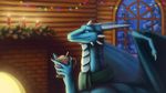 beverage blue_eyes blue_scales deanosaior detailed_background dragon feral holding_object horn inside membranous_wings scales scalie smile solo western_dragon wings 