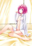  absurdres arm_support barefoot breasts breeze_(wcf) curtains dress_shirt groin hair_between_eyes highres looking_at_viewer momo_velia_deviluke naked_shirt navel open_clothes open_shirt pink_eyes pink_hair shirt short_hair sitting sleeves_past_wrists small_breasts solo thighs to_love-ru window 