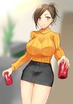  bangs breasts brown_eyes brown_hair commentary_request dress fuchina hyoudou_rena idolmaster idolmaster_cinderella_girls jewelry large_breasts looking_at_viewer ribbed_sweater short_hair sidelocks smile solo sweater turtleneck turtleneck_sweater 