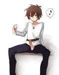  arm_support beckoning belt brown_hair eighth_note erection funkunsan green_eyes highres invisible_chair kono_subarashii_sekai_ni_shukufuku_wo! long_sleeves looking_at_viewer male_focus musical_note naughty_face penis precum precum_trail satou_kazuma simple_background sitting solo speech_bubble spoken_musical_note veins veiny_penis white_background 