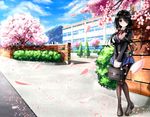  absurdres black_hair black_legwear blazer blue_skirt blue_sky blush brick_wall bush cherry_blossoms cloud condensation_trail date_a_live day hair_over_one_eye highres jacket knees_together loafers long_hair looking_at_viewer md5_mismatch mountain neck_ribbon outdoors pantyhose pleated_skirt red_eyes ribbon school_briefcase school_uniform shoes skirt sky smile solo thighband_pantyhose tokisaki_kurumi tree tsubasaki 