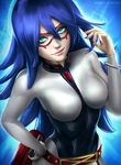  aqua_eyes belt blue_background blue_eyes blue_hair boku_no_hero_academia breasts commentary covered_navel cuffs deviantart_username dominatrix domino_mask hand_on_hip handcuffs lips long_hair looking_at_viewer madeleineink mask medium_breasts midnight_(boku_no_hero_academia) nail_polish pink_lips red_nails simple_background skin_tight skindentation smile solo superhero whip 