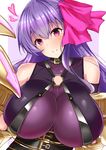  bare_shoulders blush bow breasts claws cleavage detached_sleeves fate/extra fate/extra_ccc fate/grand_order fate_(series) hair_bow hair_ornament hair_ribbon heart highres huge_breasts long_hair looking_at_viewer o-ring o-ring_top parted_lips passion_lip purple_eyes purple_hair ribbon sankakusui see-through smile solo upper_body very_long_hair 