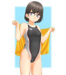  arena_(company) black_hair black_swimsuit competition_swimsuit cowboy_shot glasses highres looking_at_viewer one-piece_swimsuit original purple_eyes short_hair smile solo swimsuit takafumi towel 