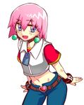  absurdres beauty blue_eyes blush bobobo-bo_bo-bobo commentary_request denim earrings highres hiiragi_(jhug8877) jeans jewelry looking_at_viewer midriff open_mouth pants pink_hair short_hair smile solo standing 