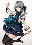  bad_id bad_pixiv_id bangs black_legwear blue_eyes blue_skirt bow closed_mouth cross-laced_clothes cuffs frilled_shirt_collar frills grey_hair hair_bow heterochromia high_heels highres holding holding_sword holding_weapon inaba_sunimi layered_skirt long_hair looking_at_viewer low_twintails miniskirt original puffy_short_sleeves puffy_sleeves red_eyes shackles shirt short_sleeves simple_background skirt solo sword thighhighs twintails weapon white_background white_shirt zettai_ryouiki 
