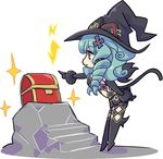  artist_request black_footwear black_gloves black_hat boots cat_tail elbow_gloves fiore_brunelli full_body gloves green_eyes green_hair hat knee_boots long_hair official_art pointing profile ringlets smile solo standing star_ocean star_ocean_integrity_and_faithlessness tail treasure_chest witch_hat 