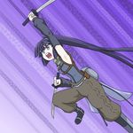  angry armpits baggy_pants blue_eyes blue_hair boots commentary_request detached_sleeves dodo_(yad-ddi) dual_wielding eyebrows_visible_through_hair highres holding holding_weapon jumping katana log_horizon long_hair long_ponytail outstretched_arm pants ponytail shouting sword tight_top weapon 