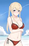  3: absurdres beach bikini blonde_hair blue_eyes breasts cleavage cowboy_shot day graf_zeppelin_(kantai_collection) hair_between_eyes highres iron_cross kantai_collection large_breasts long_hair looking_at_viewer maruya1006 navel no_hat no_headwear outdoors red_bikini side-tie_bikini sidelocks solo swimsuit twintails v-shaped_eyebrows 