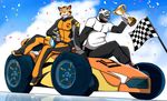  2017 anthro armor award bear bearlovestiger13 black_fur canine car celebration clothing duo feline flag fur glue_studios helmet jacket leather leather_jacket male mammal open_mouth orange_fur racer racer_jacket rimba_racer smile tag_(rimba_racer) tiger tires trophy vehicle wheels white_fur wolf 