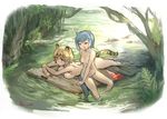  :d aimitsu_(ibityuttyu) animal_ears ass blonde_hair blue_hair blush breasts brown_eyes closed_eyes closed_mouth collarbone commentary_request day full_body jaguar_(kemono_friends) jaguar_ears jaguar_tail kemono_friends large_breasts lying multiple_girls no_nipples nude on_stomach open_mouth otter_ears otter_tail outdoors partially_submerged short_hair sitting sketch small-clawed_otter_(kemono_friends) small_breasts smile sweatdrop tail tree twitter_username v-shaped_eyebrows water 