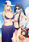  2girls bad_id bad_pixiv_id beach bikini black_hair blonde_hair blue_nails breast_hold breasts crossed_arms day drill_hair eyeshadow fingernails flower genderswap genderswap_(mtf) go!_princess_precure green_eyes hair_down hand_on_another's_shoulder hat hat_flower large_breasts lock_(go!_princess_precure) long_fingernails long_hair looking_at_another makeup miss_siamour mogiki_hayami multiple_girls nail_polish navel open_mouth outdoors pink_nails pointy_ears precure red_lips sarong shut_(go!_princess_precure) smile sun_hat sunglasses swimsuit tail twin_drills twintails very_long_hair 