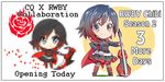  black_hair cape chibi commentary_request crescent_rose crusaders_quest english guitar highres iesupa instrument multicolored_hair multiple_views pantyhose petals pixelated red_cape red_hair ruby_rose rwby rwby_chibi silver_eyes smile 