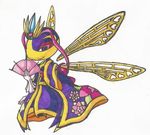  &lt;3 arthropod bee broken-hedgehog clothing crown female floating_hands flower folding_fan half-closed_eyes insect insect_wings japanese_clothing kimono plant purple_eyes queen_sectonia simple_background solo traditional_media_(artwork) white_background wings 