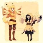  belt black_hair blonde_hair boots dav-19 deviantart_username gen_1_pokemon gen_7_pokemon hood long_sleeves mask mimikyu multiple_girls open_mouth outstretched_arms pantyhose personification pikachu pokemon skirt smile thigh_boots thighhighs tumblr_username watermark wide_sleeves 