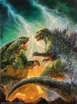  battle bob_eggleton crossover dinosaur electricity epic fire gamera gamera_(series) giant_monster godzilla godzilla_(series) green_eyes kaijuu lightning monster mutant smoke toho_(film_company) turtle tusks 