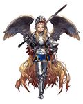  1girl angel armor blonde_hair blue_eyes female full_body helmet hyang_seol long_hair original simple_background solo sword very_long_hair weapon white_background wings 