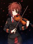  bow_(instrument) braid breasts brown_hair brown_legwear cowboy_shot eyelashes eyepatch flower formal hair_ornament healther instrument long_sleeves medium_breasts military military_uniform music necktie night night_sky one_eye_closed original pantyhose pencil_skirt playing_instrument red_eyes serious side_slit simple_background skirt sky solo standing star suit uniform violin 