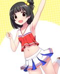  10s 1girl armpits bare_arms bare_shoulders black_hair brown_eyes cheerleader collarbone eyebrows eyebrows_visible_through_hair female hair_bobbles hair_ornament idolmaster idolmaster_million_live! midriff nakatani_iku navel skirt solo totokichi 