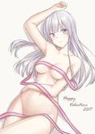  2017 aemu_(august_life) arm_up bangs beige_background blunt_bangs breasts closed_mouth collarbone cowboy_shot eyebrows_visible_through_hair happy_valentine head_tilt hips light_smile long_hair looking_at_viewer medium_breasts mole mole_under_eye naked_ribbon navel original purple_eyes ribbon shadow silver_hair simple_background smile solo thighs valentine 