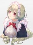  apron blush bow bowtie breasts brooch closed_mouth commentary_request frills green_hair hair_between_eyes jewelry large_breasts long_hair looking_at_viewer maid maid_apron maid_headdress momoshiki_tsubaki original red_bow red_hair red_neckwear smile solo upper_body 