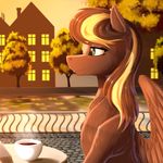  amber_eyes brown_feathers brown_fur brown_hair detailed_background equine eyelashes fan_character feathered_wings feathers female feral fur hair mammal my_little_pony pegasus smile solo twotail813 wings 