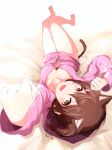  1girl :d animal_ears barefoot brown_eyes brown_hair cardigan cat_ears cat_tail daisu eyebrows_visible_through_hair from_above from_behind full_body hair_between_eyes hair_ornament hairclip highres idolmaster idolmaster_million_live! kasuga_mirai long_sleeves looking_at_viewer lying on_back open_cardigan open_clothes open_mouth pink_sweater short_hair smile solo sweater tail 