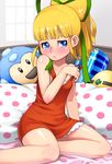  bangs bare_arms bare_shoulders bed bed_sheet blonde_hair blue_eyes blunt_bangs blush breasts character_doll closed_mouth collarbone commentary_request dress embarrassed energy_tank frilled_dress frills green_ribbon hair_ribbon hand_rest hardhat helmet indoors long_hair looking_at_viewer maruta_kentarou on_bed open_mouth polka_dot ponytail red_dress ribbon rockman rockman_(character) rockman_(classic) roll sidelocks sitting sleeveless sleeveless_dress small_breasts solo strap_pull undressing wall 