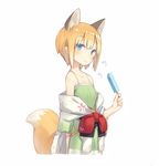  animal_ear_fluff animal_ears bare_shoulders blonde_hair blue_eyes commentary_request cowboy_shot eating extra_ears flat_chest food fox_ears fox_tail japanese_clothes looking_at_viewer original poco_(asahi_age) popsicle shiratama_kitsune short_hair simple_background solo spaghetti_strap tail tank_top 