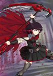 adsouto crescent_rose highres holding holding_weapon looking_at_viewer polearm ruby_rose rwby scythe smile solo thighhighs weapon 