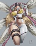  angel angel_wings angewomon arm_at_side artist_name asymmetrical_clothes blonde_hair breastplate breasts cameltoe closed_mouth covered_eyes cropped_legs digimon digimon_adventure fingernails groin hand_up head_wings helmet javier_martinez_correa large_breasts legs_together long_fingernails long_hair multiple_wings navel navel_cutout nose revealing_clothes seraph signature smile solo standing stomach thigh_strap thighs visor wings 