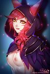  &lt;3 2017 animal_humanoid areola avian avian_humanoid bird breasts cloak clothing facial_markings facial_piercing feathers female hair hood humanoid league_of_legends long_ears long_hair mammal markings nipples nose_piercing nose_ring piercing pinkladymage purple_feathers red_hair riot_games simple_background smile solo vastaya video_games xayah_(lol) yellow_eyes 