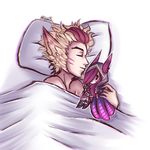  &lt;3 animal_humanoid avian avian_humanoid bed blonde_hair clothed clothing eyes_closed facial_markings hair hi_res human humanoid league_of_legends legwear long_ears lying mammal markings multicolored_hair nyami_(artist) on_bed pillow plushie purple_wings rakan_(lol) red_hair riot_games simple_background sleeping smile solo under_covers vastaya video_games white_background wings xayah_(lol) 