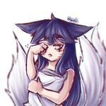  &lt;3 2017 ahri_(lol) animal_humanoid black_fur black_hair canine canine_humanoid covering covering_self facial_markings female fox fox_humanoid fur hair hi_res human humanoid league_of_legends mammal markings multi_tail nyami_(artist) pillow riot_games rubbing_eyes simple_background solo tired vastaya video_games whisker_markings white_background white_fur yellow_eyes 