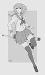  artist_name blouse buttons closed_mouth dated expressionless full_body geo_siador greyscale highres holding holding_weapon loafers long_sleeves looking_past_viewer monochrome neckerchief original pleated_skirt sailor_collar school_uniform serafuku shoes short_hair signature skirt solo standing standing_on_one_leg thighhighs weapon 