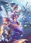  air_bubble aqua_hair bad_id bad_pixiv_id blue_eyes bracelet breasts bubble coral coral_hairpin fish head_fins highres holding holding_staff jewelry long_hair looking_at_viewer medium_breasts mermaid midriff monster_girl navel ocean original parted_lips school_of_fish seashell see-through shark shell shenteita smile solo staff starfish_hair_ornament submerged underboob underwater 